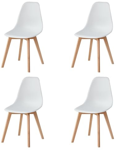 GrandCA HOME Lot de 4 Chaises de Salle à Manger, Chaises de Cuisine Scandinaves, Pieds en Bois de Hêtre Massif, pour Salon, Salle à Manger, Blanc