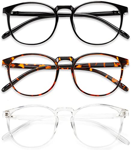 Przene 3 Pack Blue Light Blocking Glasses Women/Men,Retro Round Computer Glasses Anti Eye Strain/UV/Glare, Gaming Glasses. (Black/Crystal/Amber)