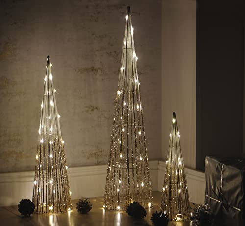 Marco Paul - Set di 3 alberi di Natale con luci dorate, decorazioni natalizie a LED, pre-illuminate, piramide, ornamenti in metallo, decorazione per la casa, filo bianco caldo, illuminazione a LED