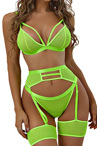 Aranmei Femme Ensemble de Lingerie Sexy 4 Pièces avec Porte-Jarretelles et Porte-Jarretelles en Maille, Soutien-Gorge et Culotte Taille Haute en Dentelle