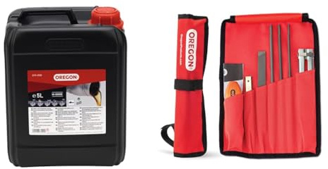 Oregon Olio Lubrificante per Catena e Barra di Guida da Motosega, 5 L & Kit Di Affilatura Universale Per Motosega, Include Lime Tonde Da 5/32 Pollici, ‎Rosso Nero, 5.08 x 27.43 x 5.08 cm; 380 grammi