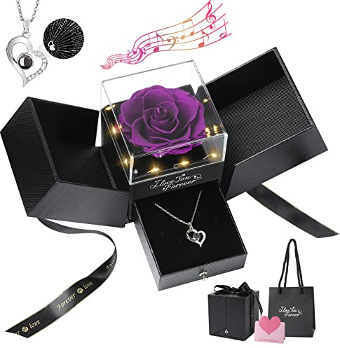 Emibele Rose Eterna, Vera Rosa Conservata con Collana, Collana con 100 Lingue Ti Amo, Regalo con LED & Melodia per Donne, Moglie, Fidanzata, San Valentino, Anniversario, Natale, Viola