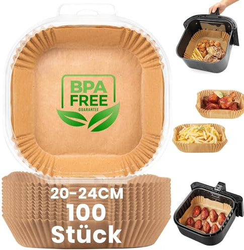 100 Stück Airfryer Backpapier Quadratisch (4,5L-8L) | Hitzebeständig 220°C | BPA-frei & Anti-Haft, Kompatibel mit COSORI, Philips, Russell Hobbs, Cecotec, Midea XL/XXL