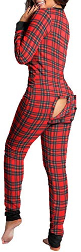 RUEWEY Women Butt Flap Pajamas Jumpsuit Sexy Deep V Neck Long Sleeve Bodycon Romper Overall Sleepwear (Red Plaid, XL)