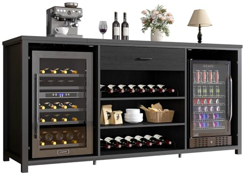 LVB Long Home Bar Cabinet with Fridge Space, Modern Wood Metal Large Wine Liquor Cabinet with Rack, Big Wide Sideboard Buffet Cabinet with Drawer Storage for Kitchen Dining Room, Black Oak, 180 CM