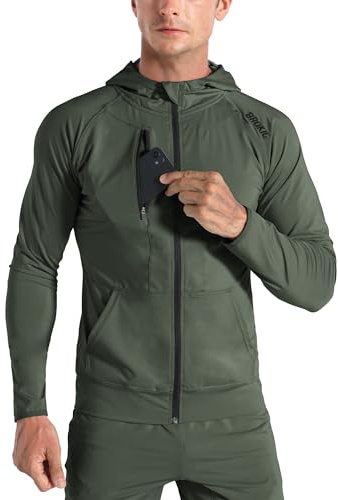BROKIG Mens Zip Hoodies, Lightweight Running Gym Jacket Training Tracksuit Sports Tops with Pockets (Army Green, Large)