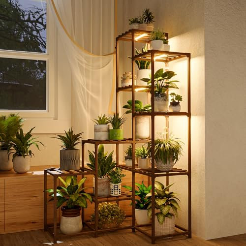 Bamworld Corner Plant Stand With Grow Lights - Tall Shelf Indoor Outdoor for Multiple Plants - Wood Table 7 Pots Flower Stands for Living Room Rack