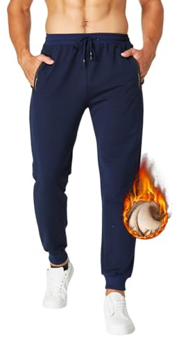 ZOXOZ Mens Fleece Sherpa Lined Joggers Winter Warm Thermal Trousers Tracksuit Bottoms Men Cotton Elasticated Slim Fit Sweatpants Jogging Bottoms Plush Trousers with Zipped Pockets Blue 2XL