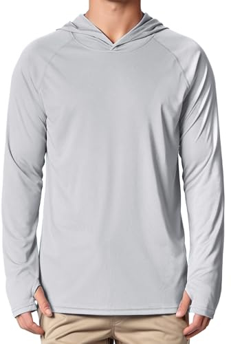 Peakwell Men's UPF 50+ Sun Protection Long Sleeve Hoodie Fishing Rash Guard Tops Lightweight UV-Shirts (Light Grey, S)