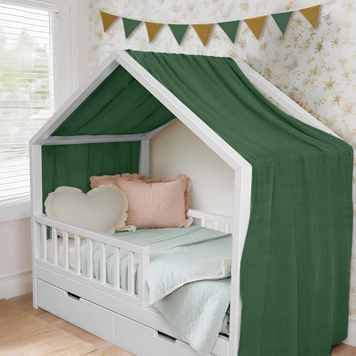 ToxyJopy Cama de casa con dosel de 100% muselina de algodón, decoración hecha a mano con cortina de tela, dosel para cama de casa
