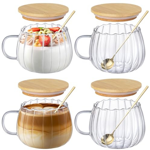 Anhow 4er Cappuccino Tassen, 350ml Latte Macchiato Gläser Hitzebeständig Kaffeegläser mit Deckel und Löffel für Latte/Cappuccino/Getränke/Tee/Kaffee - Transparent