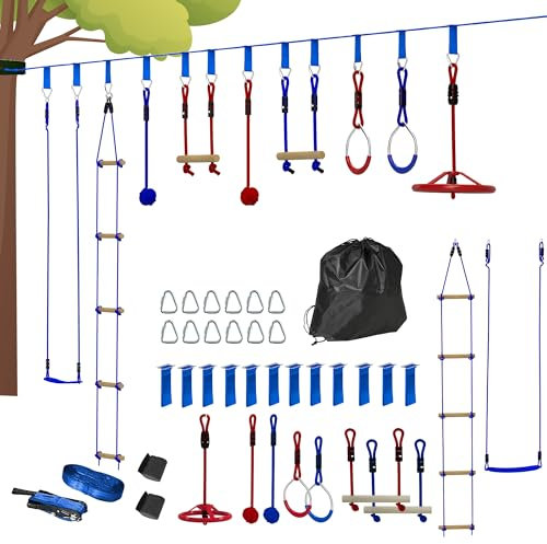 AIYAPLAY Ninja Warrior Hindernisparcours für Kinder 10 m Ninja Slackline Kit mit Kletterleiter Zubehör, Turnringe, Hängetablett, Schaukel, Kletterstangen, Trainingsausrüstungsset für Kinder
