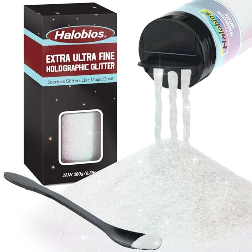 Halobios Extra Fine Glitters, Holographic Iridescent White Glitter, 180g(6.35oz) Ultra Fine Glitters, 1/128 Resin Glitter Powder for Hair Body, Nails, Arts and DIY Crafts Decoration