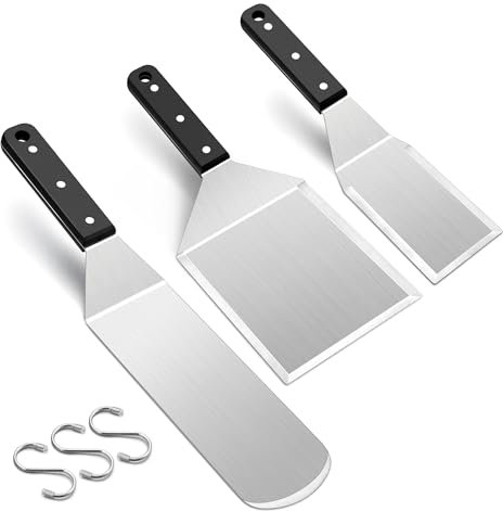 Herogo Stainless Steel Spatula Set of 3, Metal Griddle Barbecue Tools Set with ABS Handle, Griddle Scraper Pancake Flipper & Burger Turner, Professional Accessories for BBQ Flat Top Grill Teppanyaki