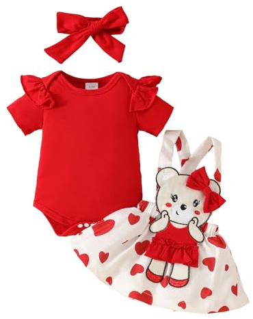 LUVCES Neonate Cuore Rosso Gonne Set Volant Manica Corta Pagliaccetto Top + Salopette Abito con bretelle Abiti per San Valentino Abiti 3pcs stampa d'amore 2 6-12 Mesi