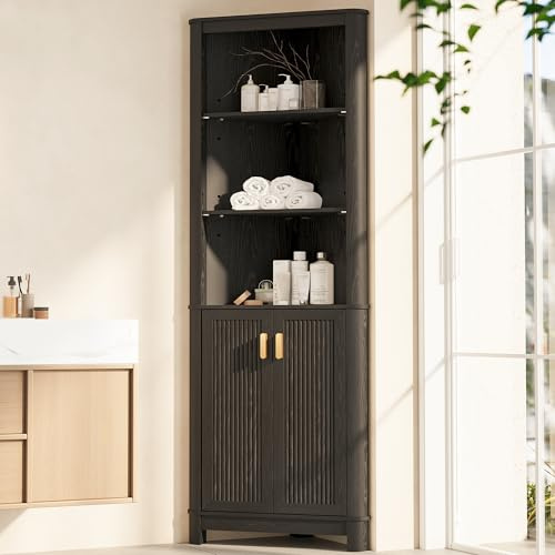 INNOD 69 Tall Corner Shelf with Doors, 6-Tier Corner Storage Cabinet with Doors, Space Saver Shelf for Bathroom, Bathroom Floor Cabinet for Living Room Kitchen, Hallway