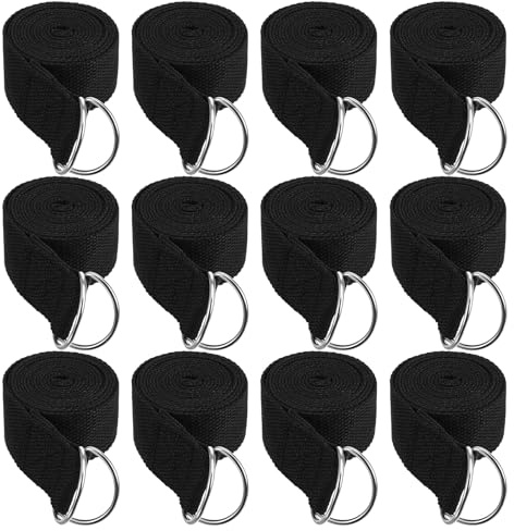 12 Pack Yoga Straps for Stretching, 6 Ft Black Exercise Bands with Adjustable D Ring Buckles for Pilates, Gym Fitness, Flexibility Training, Men Women