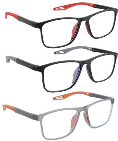 Jiyeo 3 Pack Reading Glasses TR90 Sports Blue Light Blocking With Spring Hinges Rectangle for Men Women Computer Readers Glasses Square Frames Lightweight Flexible Eyestrain Anti UV Glare