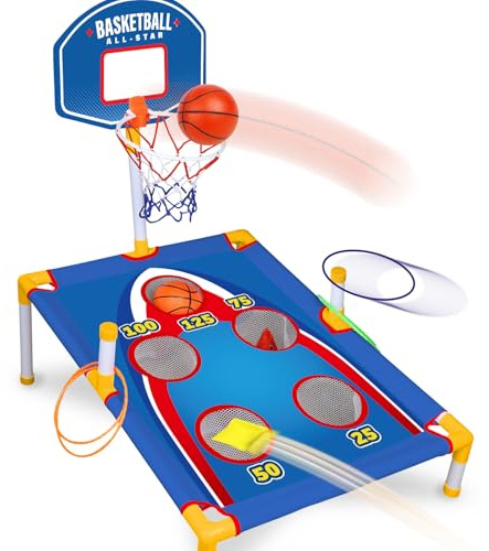 3-in-1 Toss Game for Kids – Bean Bag Toss, Ring Toss & Mini Basketball Hoop Indoor Outdoor Cornhole Style Carnival Game for Backyard Fun - Easy Setup, Portable Play for Birthday Party Gift for Boys