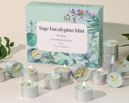 DEVI Eucalyptus & Sage Highly Scented Tea Lights Candles 40 Pack, 7-8 Hours Natural Palm Tea Candles for Home Scented, Small Votives with Essential Oils for Home Aromatherapy,