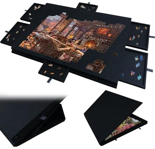 Tablero de Rompecabezas con 6 cajones y Cubierta, hasta 1500 Piezas, Tablero de Rompecabezas de Fieltro portátil liviano con Soporte Ajustable, para Adultos y niños Black 1000 Pieces