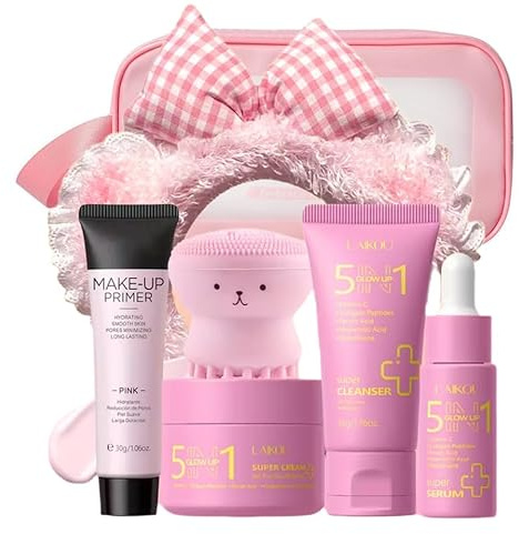 Glow Up - Set per la cura della pelle per adolescenti dai 10 ai 12 anni, kit viso da viaggio, detergente, siero, crema viso, fascia, primer per il trucco, spazzola per la pulizia e borsa da viaggio