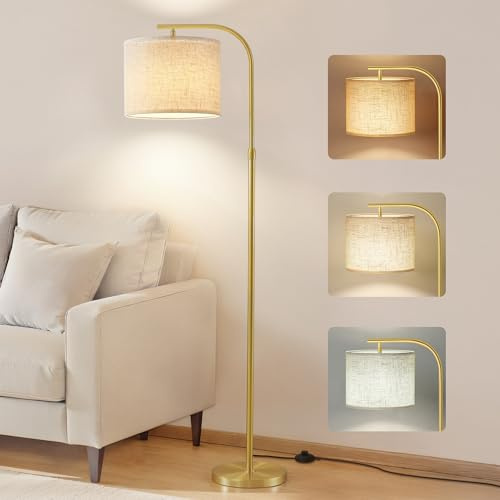 VASAGLE Lampada da Terra ad Arco, Lampada da Lettura Regolabile in Altezza, 150-175 cm di Altezza, Moderna, con Interruttore a Pedale, Paralume in Tessuto, Attacco E27, Oro Pallido LFL006AB02