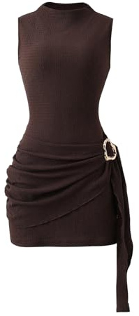 GORGLITTER Women's Ruched Knit Drop Waist Tank Bodycon Mini Dresses | Party Club Dress, Metal Ring Decor, Mini Dress for Women UK, Going Out Dress, Cowgirl Outfits