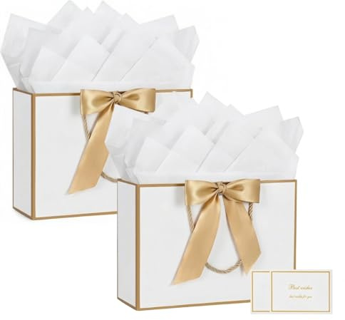 THXFUNAREA Set 2 Borsa Regalo Donna Elegante Bianco con Bordo Oro e Nastro 28x20x10 cm + Carta Regalo + Biglietti Confezione Regalo Elegante Matrimonio Festa della Mamma Regalo Donna