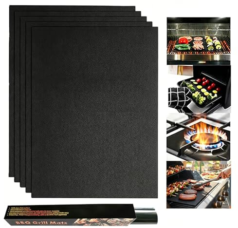 5 alfombrillas para barbacoa de gas de 40 x 33 cm, antiadherentes reutilizables, lámina permanente para horno, para la parte inferior del horno para gas, eléctricas y ventiladores (negro)