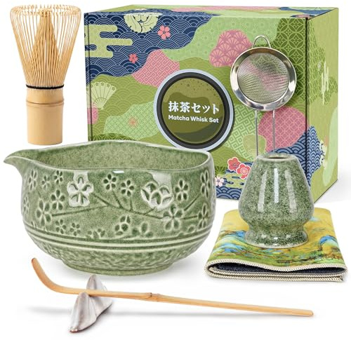Kit Matcha 7 piezas, Batidor de Bambú con Soporte, Cuenco de Cerámica con Pico, Colador, Cuchara, Portacucharas y Paño – Para Matcha Latte, Ceremonia del Té Japonés – Verde