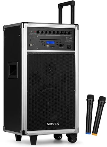 Vonyx ST-100 MK2 Sistema de Sonido PA portátil Bluetooth (250W de Potencia, Reproductor CD USB SD MP3, 2 micrófonos inalámbricos)
