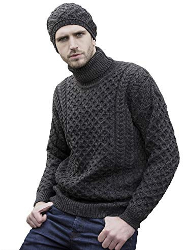 Aran Crafts Unisex Irish Cable Knitted Soft Roll Neck Sweater (R1949-LARGE-CHAR) Charcoal