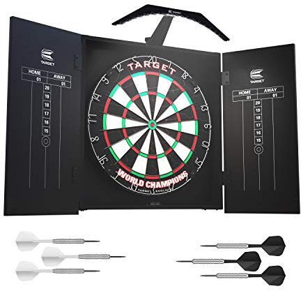 Target Darts Arc Dartboard Lighting System Home Cabinet Set - Includes World Champions Dartboard and 2 Sets of Darts, Black