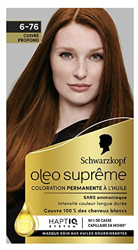 Schwarzkopf – Oleo Suprême – Coloration Permanente à l’Huile – Couleur et Eclat Longue Durée – sans Ammoniaque – Couvre 100% des Cheveux Blancs – HaptIQ Système – Cuivré Profond 6-76