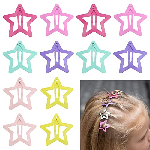 12pcs Star Snap Hair Clips,Non-slip Toddlers Cute Lovely Metal Hair Barrettes Hair Accessories,Mini Snap Hair Clips Star Shape Cartoon Hair Barrettes Metal Hair Pin Toddlers Hair Clip for Baby,Girls