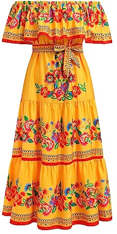 Odizli Robe longue pour femme, épaules dénudées, été, mexicaine, bohème, fleurs, A-ligne, maxi robe, doré, L