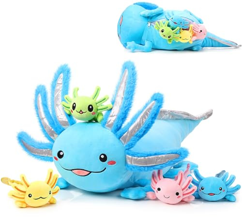5 Pcs Set de Axolotls en Peluche Maman Animal Axolotl Peluche de 60 cm avec 4 Bébés en Peluche Mignons dans son Ventre Peluche Axolotl Douce pour Garçon Fille Anniversaire Remise des Diplômes (Bleu)
