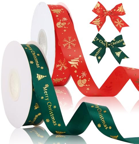 Hyran Geschenkband Weihnachten, 2 Stück Rot + Dunkelgrün Schleifenband, 25 Yards Schleifenband Weihnachten, Weihnachtsbänder für Dekoration, Geschenkverpackung, Schleifenherstellung