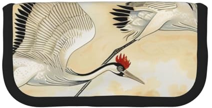 LRHCNZDCP Federmäppchen mit 2 japanischen Kranichen, traditionelle Malerei, bedrucktes Federmäppchen, Leinen, Make-up-Tasche, Gadget-Stifttasche, Stiftebox mit Reißverschluss, Schwarz , Einheitsgröße,