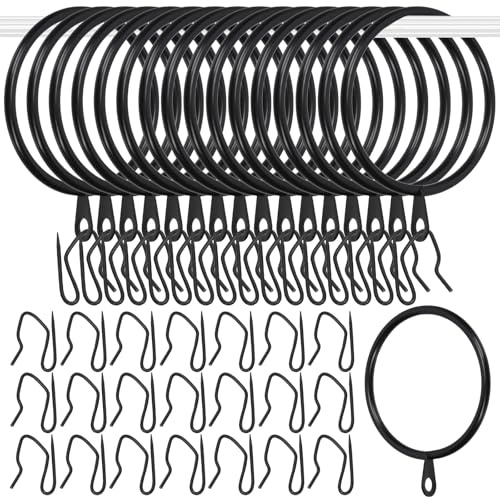 Glarks Set di 30 anelli da appendere per tende da 50 mm, in metallo nero, include 30 anelli per tende e 30 ganci per tende, occhielli scorrevoli per finestre scorrevoli per porte del bagno