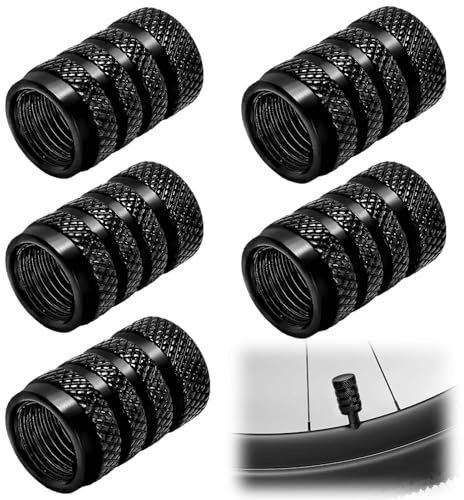Lot de 5 Bouchons de Valve en Aluminium – Capuchons pour Valves Schrader – pour Voiture, SUV, Moto, Vélo (Noir, Comfort)