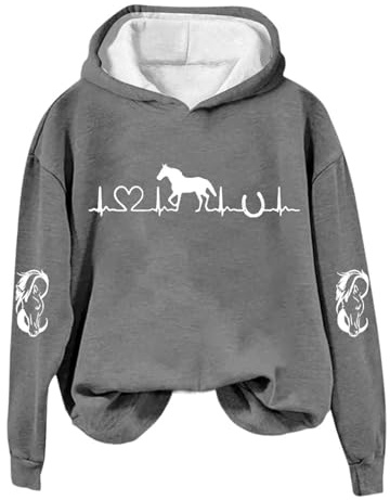 Générique Sweat à Capuche Court pour Femme, imprimé Cheval, Sweat d'équitation doublé en Polaire, Motif battements de cœur, Pull Tendance Vêtements de maternité pour Femmes Enceintes