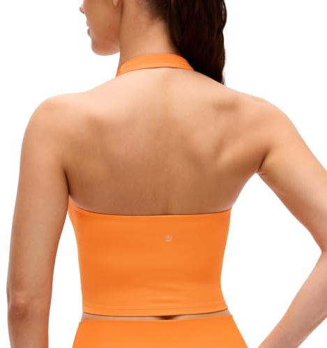 CRZ YOGA Butterluxe Halter Crop Linnen | Lätt stöd, Avtagbara vadderingar, Yoga, Extremt mjuk, Öppen rygg, Långa sport-BH:ar för kvinnor