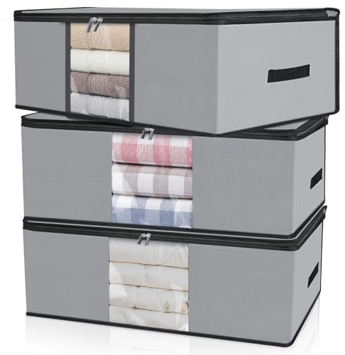 Cozary 3 Pezzi 60L Contenitori Sottoletto, Pieghevole Scatole per Vestiti, Scatole per Armadio con Finestra Trasparente, Contenitori per Armadio Salvaspazio per Vestiti, Biancheria da Letto, Grigio