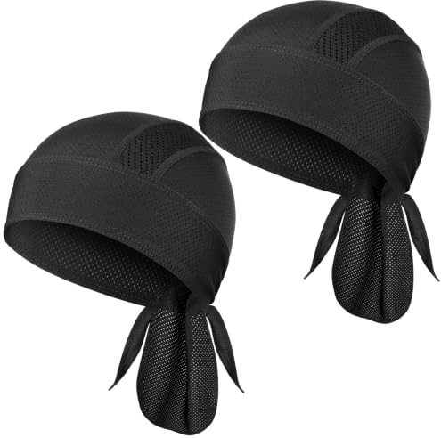 MELLIEX 2 stycken Durag bandana keps män kvinnor, andningsaktiv svett huvudduk underhjälm, absorberar UV-skydd piratduk, justerbar cykel huvudbonad huvudduk för cykling klättring, svart, one size