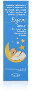 Syrio Integratori Alimentari, Esyon gocce Baby, Integratore di Melatonina e Vitamina B6 con estratti di Tiglio, Passiflora ed Escolzia per il Rilassamento ed il Sonno, flacone gocce 30ml