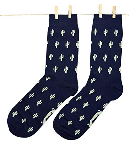 Roits Men’s Cactus Blue Socks 7-12 - Cool Happy Odd Funky Funny Plant Design Socks