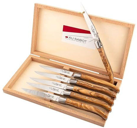 Au sabot Steakmesser Satz, 6 Messer, Olivenholzschalen, mattierte Edelstahlbacken, in Holzkiste, 10ES231000ES10