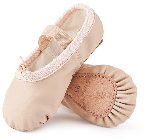 Ballet Shoes Leather Ballet Flats Full Sole Dance Slippers for Girls Toddlers Women Beige 8 UK Child